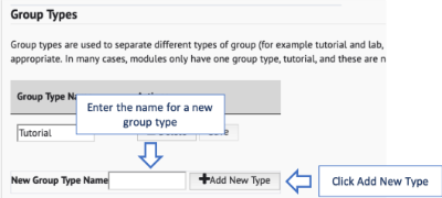 The 'Groups Type' section on the Students tab with instructions on creating a new group
